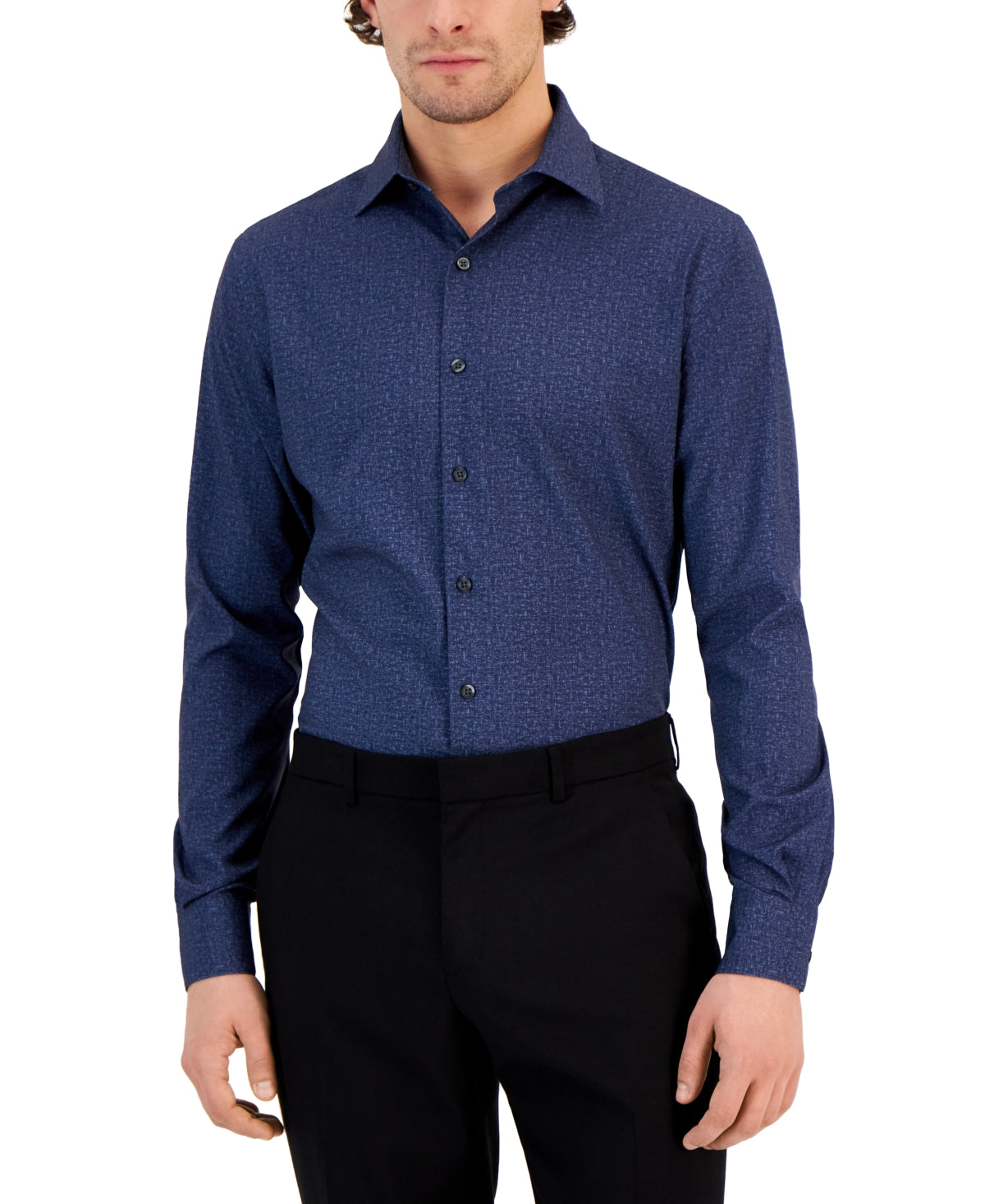 Alfani Mens Slub-Texture Dress Button Down Shirt Navy 16 16 1/2 34- 5