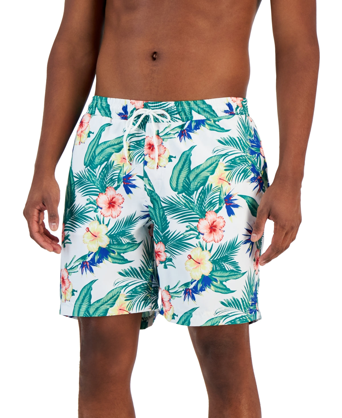 Club Room Men's Daniel Tropical Swim Trunks Tropical Print White Green Small