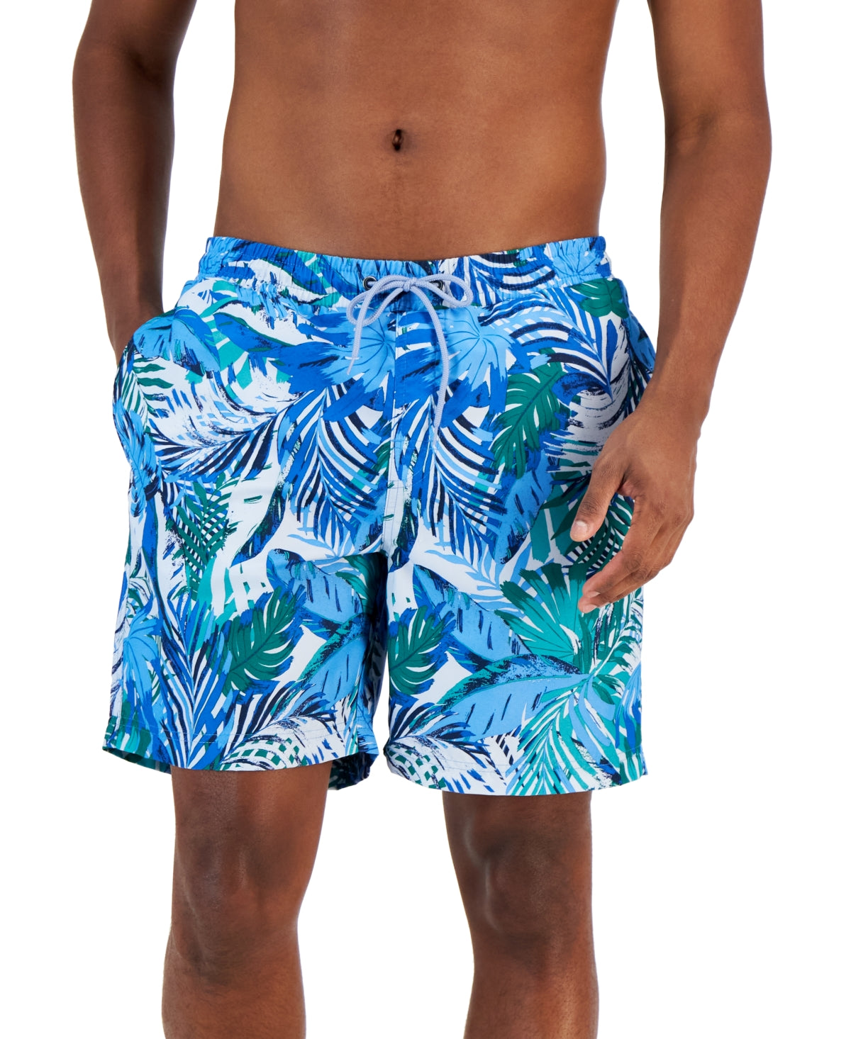 Club Room Mens Tropical Leaves Swim Trunks Navy Blue Small