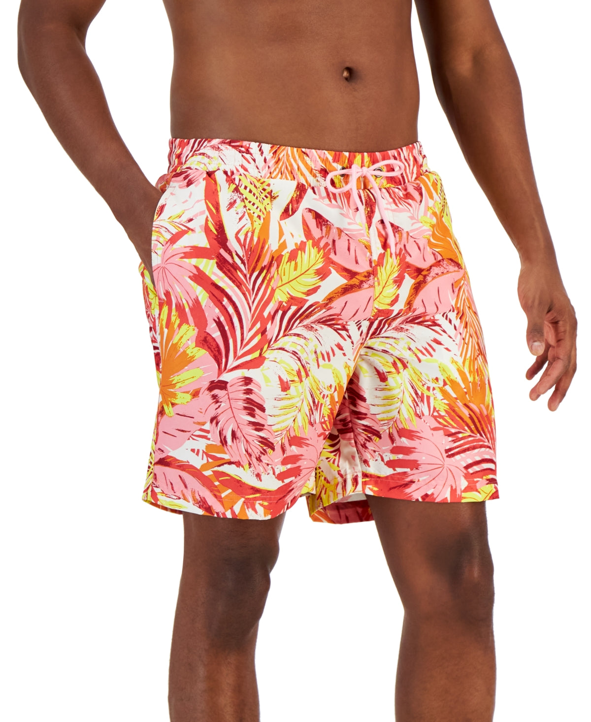 Club Room Men's Tropical Leaves Swim Trunks Pink Medium