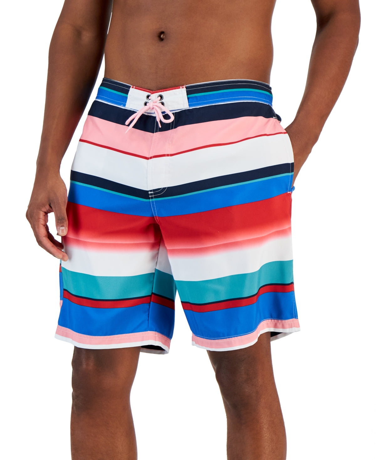 Club Room Mens Chroma Stripe Board Swim Shorts White Blue Combo Small