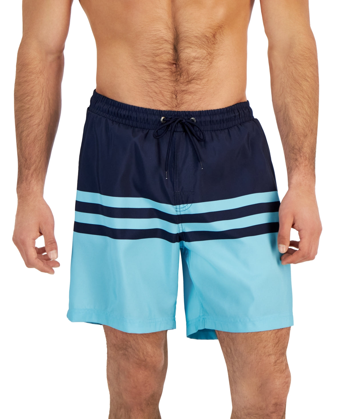 Club Room Men's Quick Dry Colorblocked Stripe 7" Swim Trunks Island Blue Medium