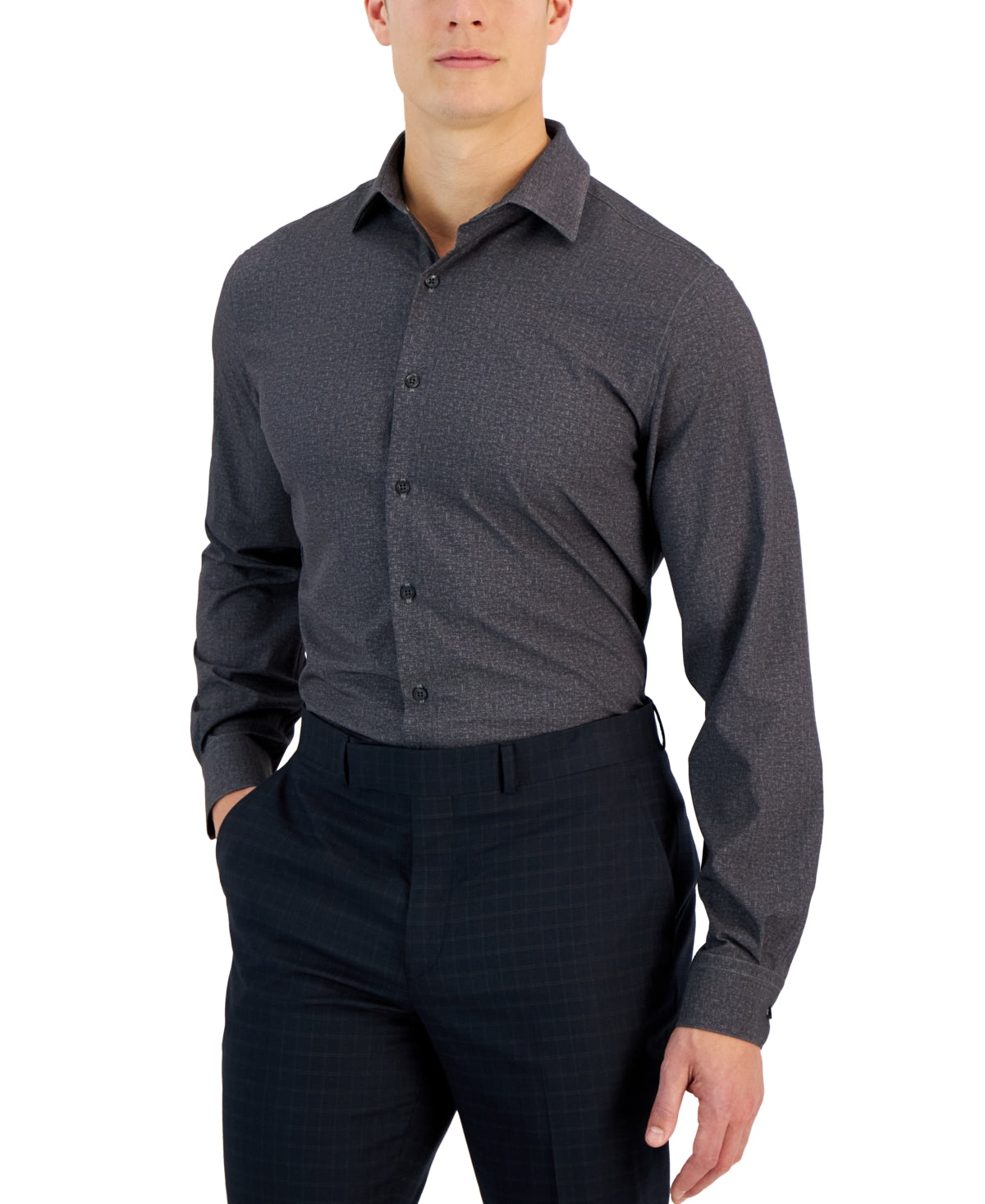 Alfani Men's Slim Fit 4 Way Stretch Slub Texture Dress Shirt Grey Medium