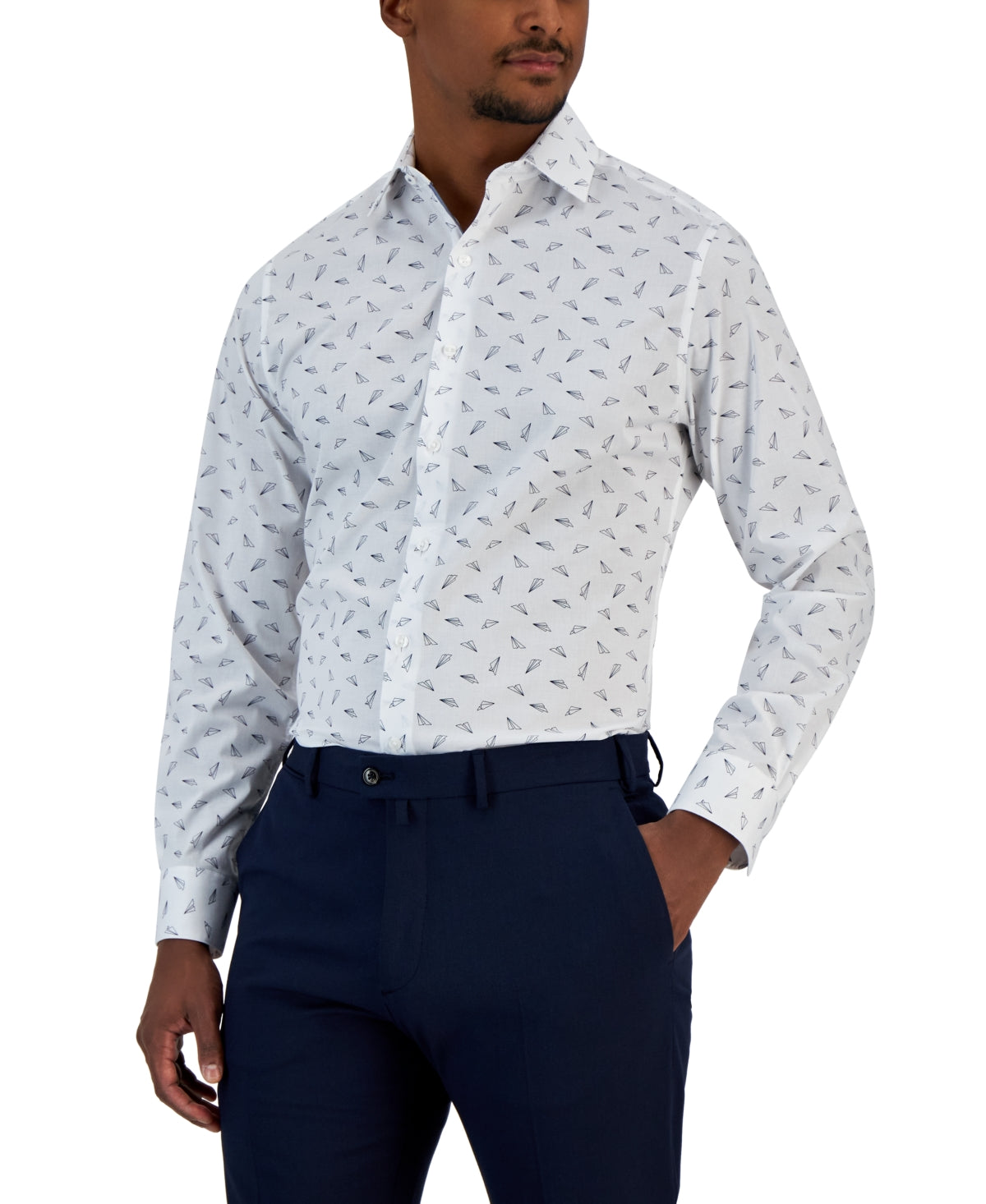 Bar Iii Mens Slim fit Dress Shirt Medium 15-15.5 Long Sleeve White Paper Plane