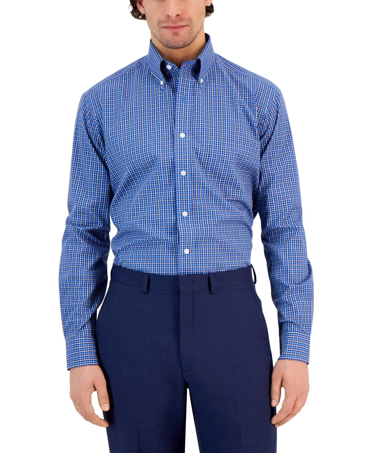 Club Room Men's Regular Fit Ditto Plaid Button Down Dress Shirt Blue 16.5 32 33