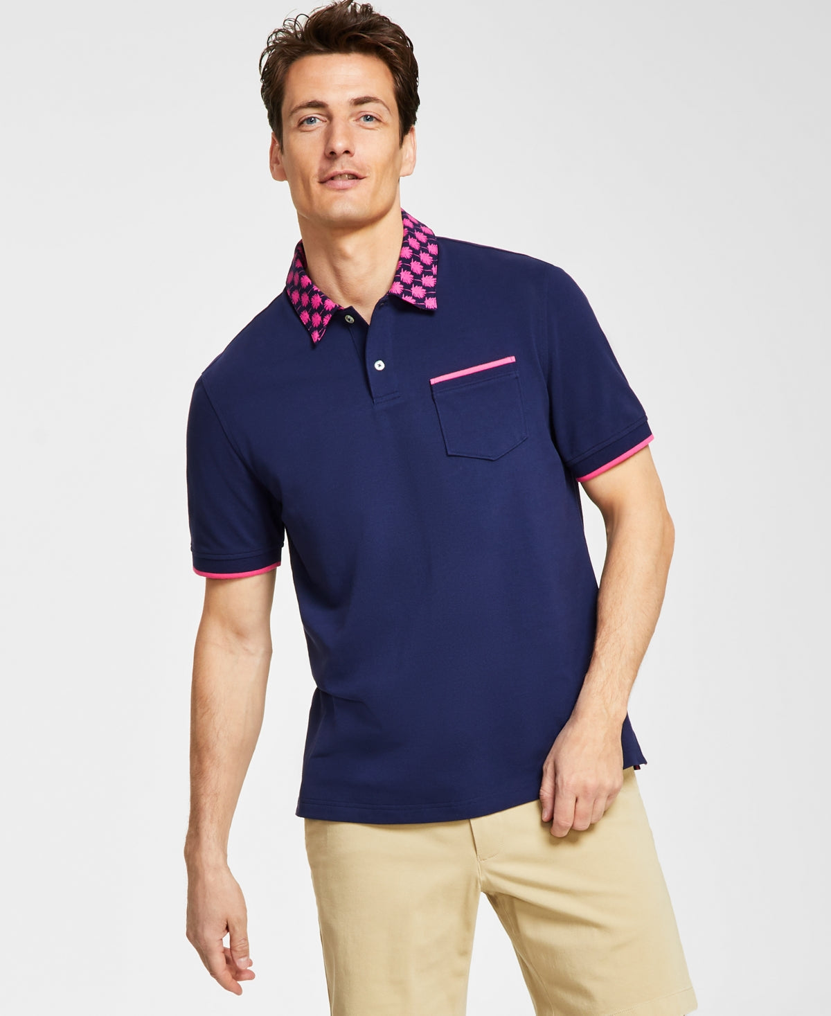 Club Room Men's Navy Blue Checker Collar Polo Shirt Small
