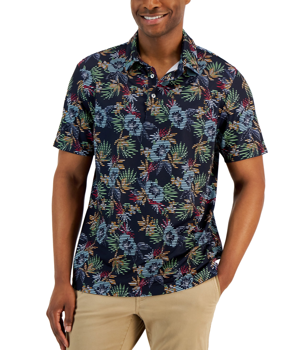 Club Room Men's Floral Short Sleeve Polo Shirt Blue Large