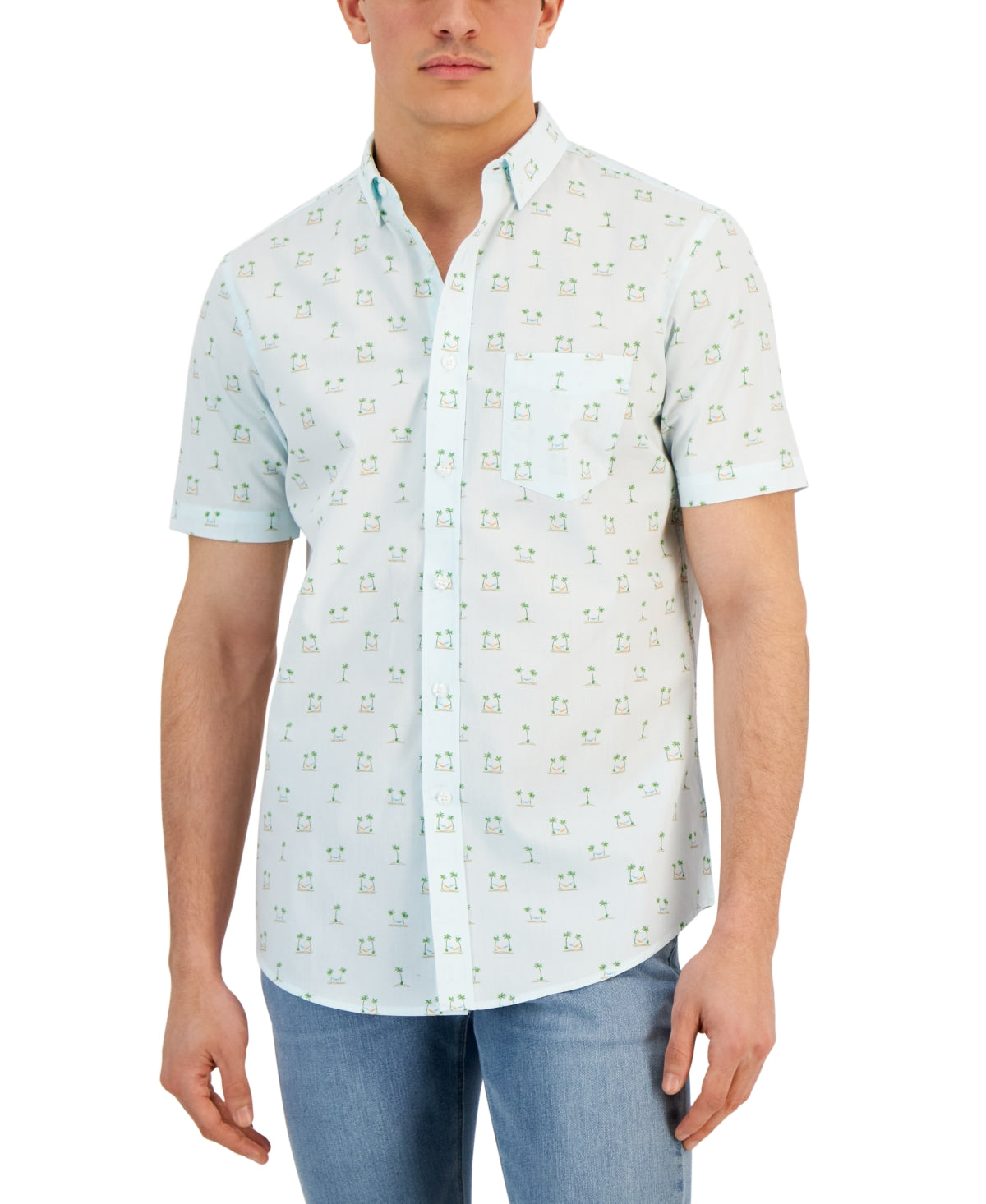 Club Room Mens Button Down Blue Tropical Leisure Poplin Shirt Large