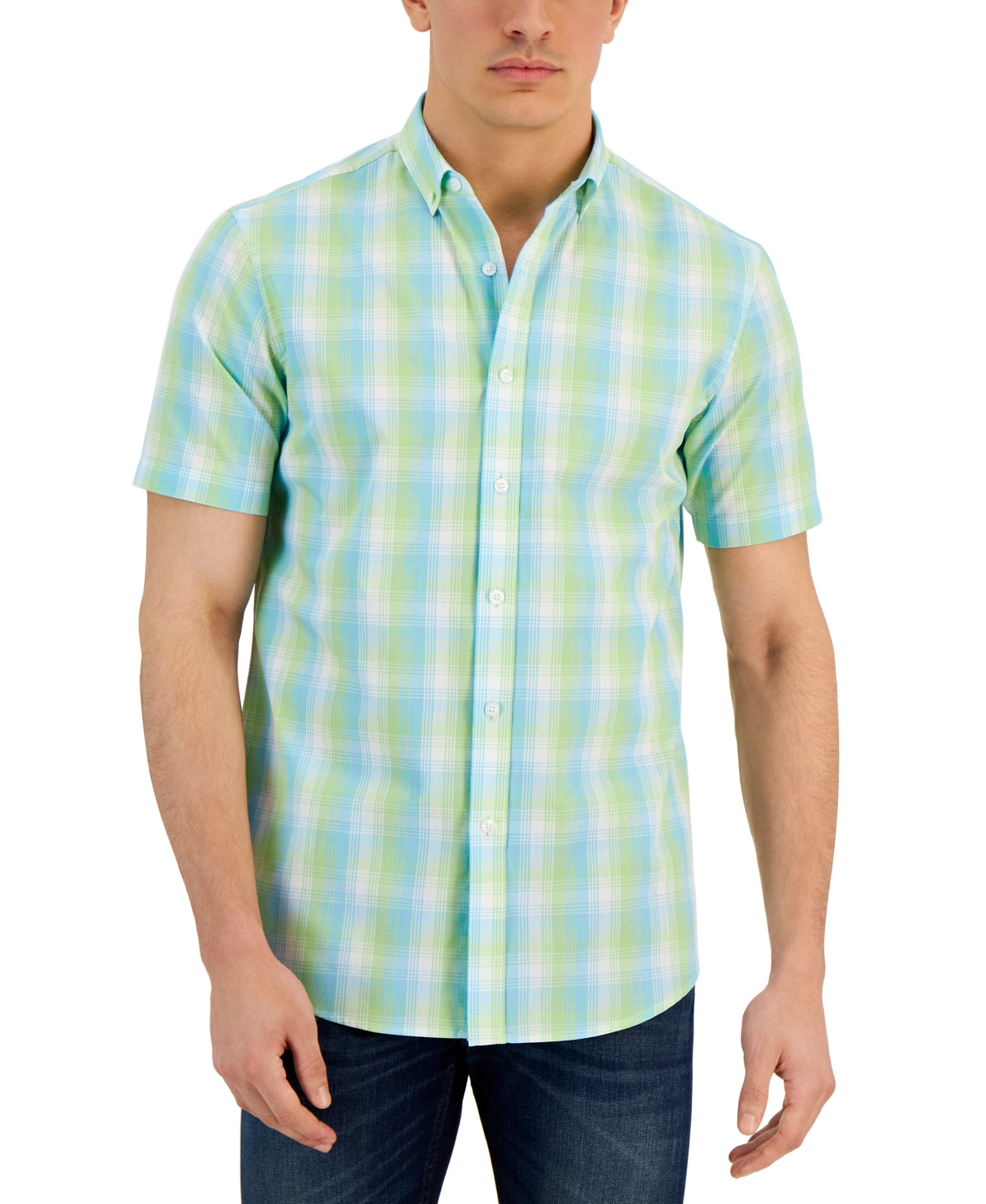 Club Room Men's Short Sleeve Button Down Shirt Island Blue Green Medium