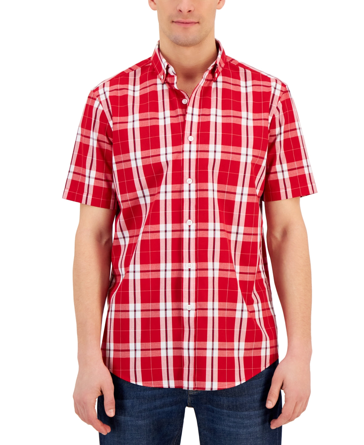 Club Room Men's Short Sleeve Polo Shirt Fire Red Combo Pattern Plaid Small