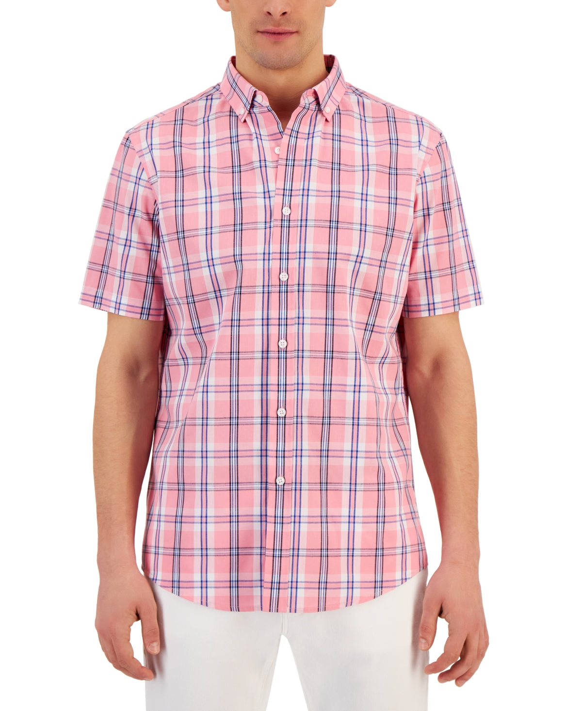 Club Room Men's Short Sleeve Printed Button Down Shirt Pink Small