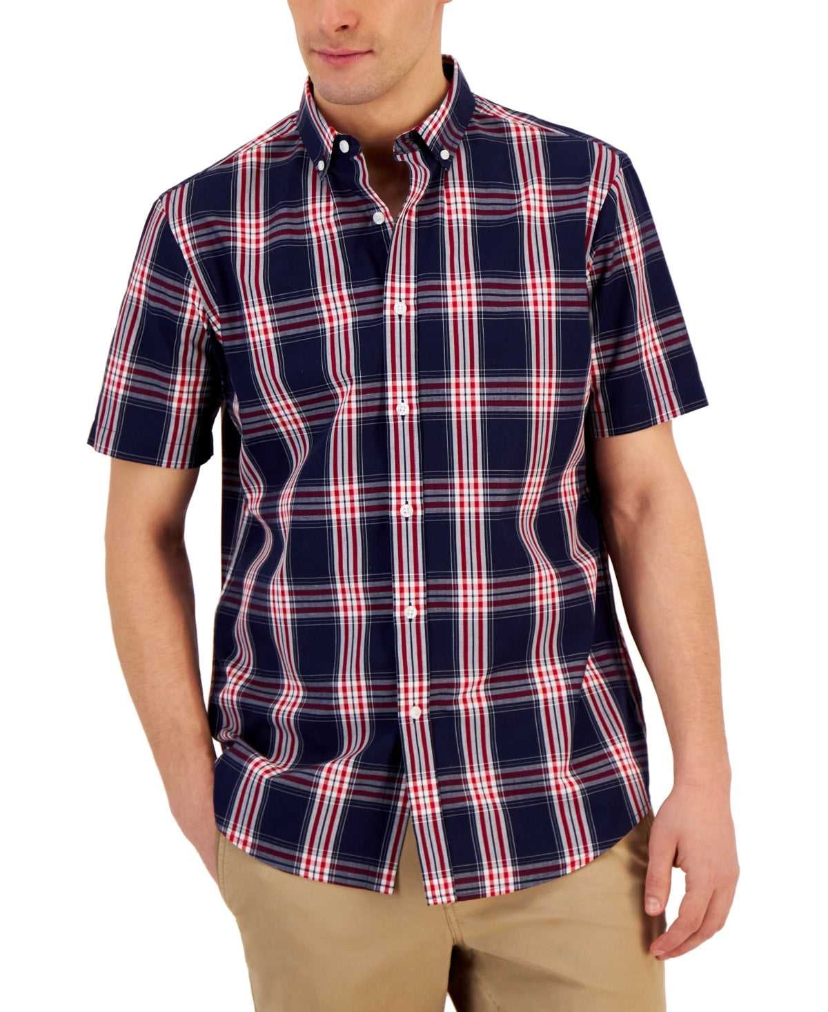 Club Room Men's Short Sleeve Printed Button Down Shirt Navy Plaid Large