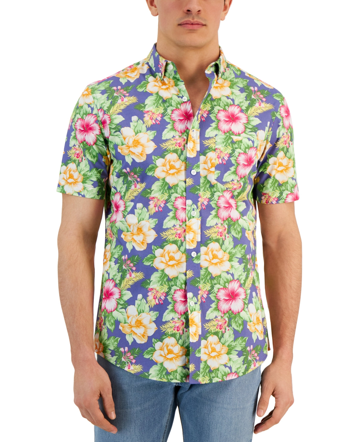 Club Room Men's Tropical Crush Poplin Button Down Shirt Green Medium