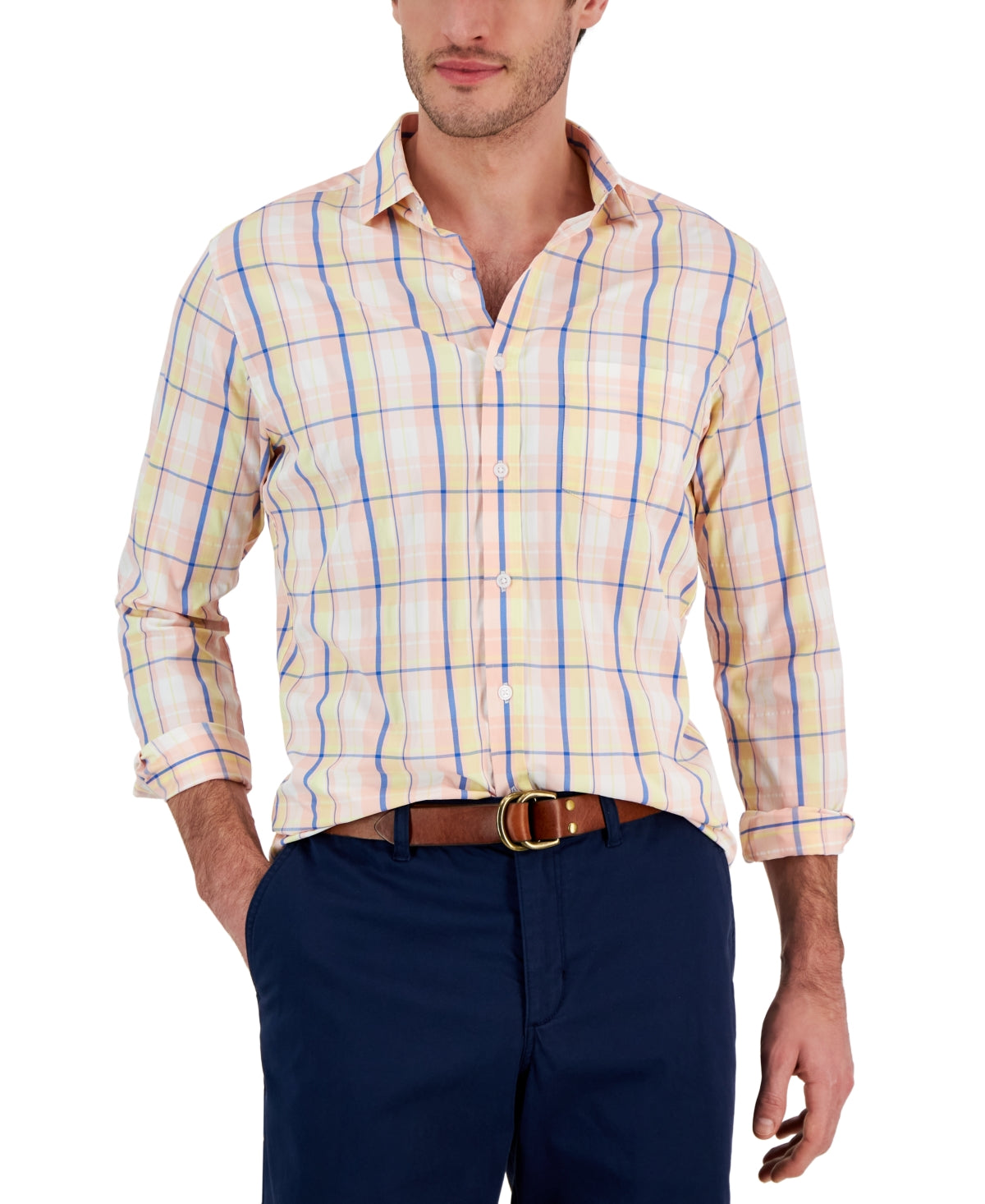 Club Room Men's Nila Classic Fit Plaid Button Down Tech Shirt Pink Large