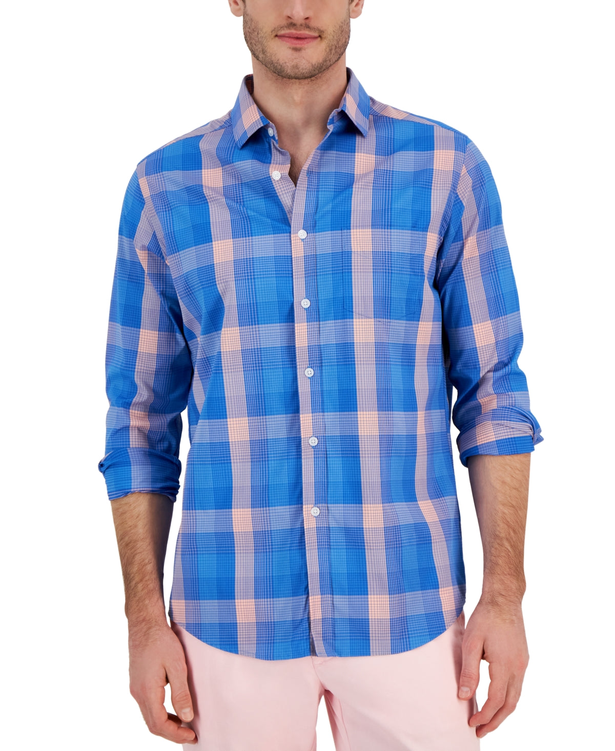 Club Room Men's Kevin Classic Fit Plaid Button Down Tech Shirt Hyper Blue Small