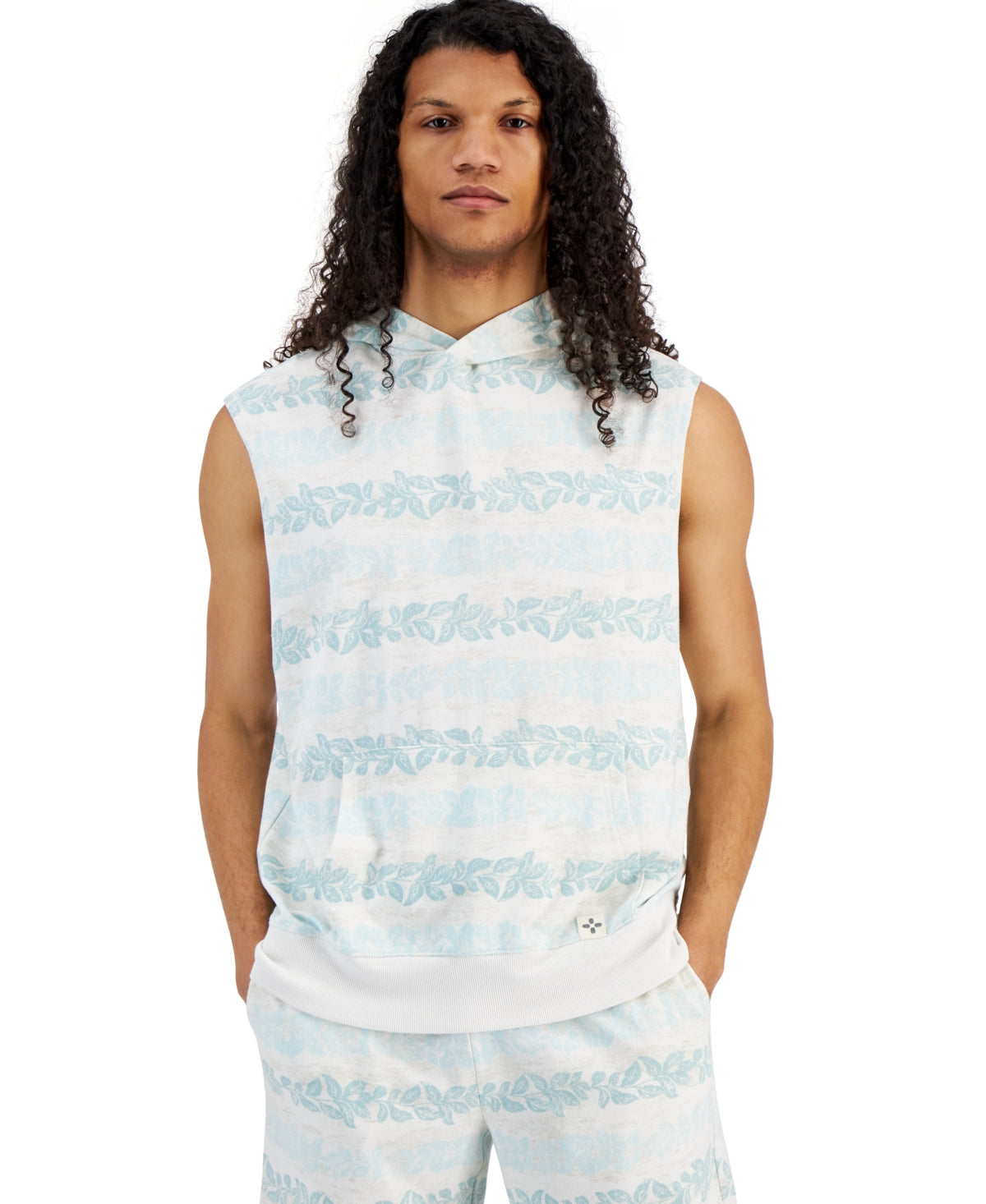 Sun Stone Men's Regular Fit Botanical Stripe Sleeveless Hoodie White XXL