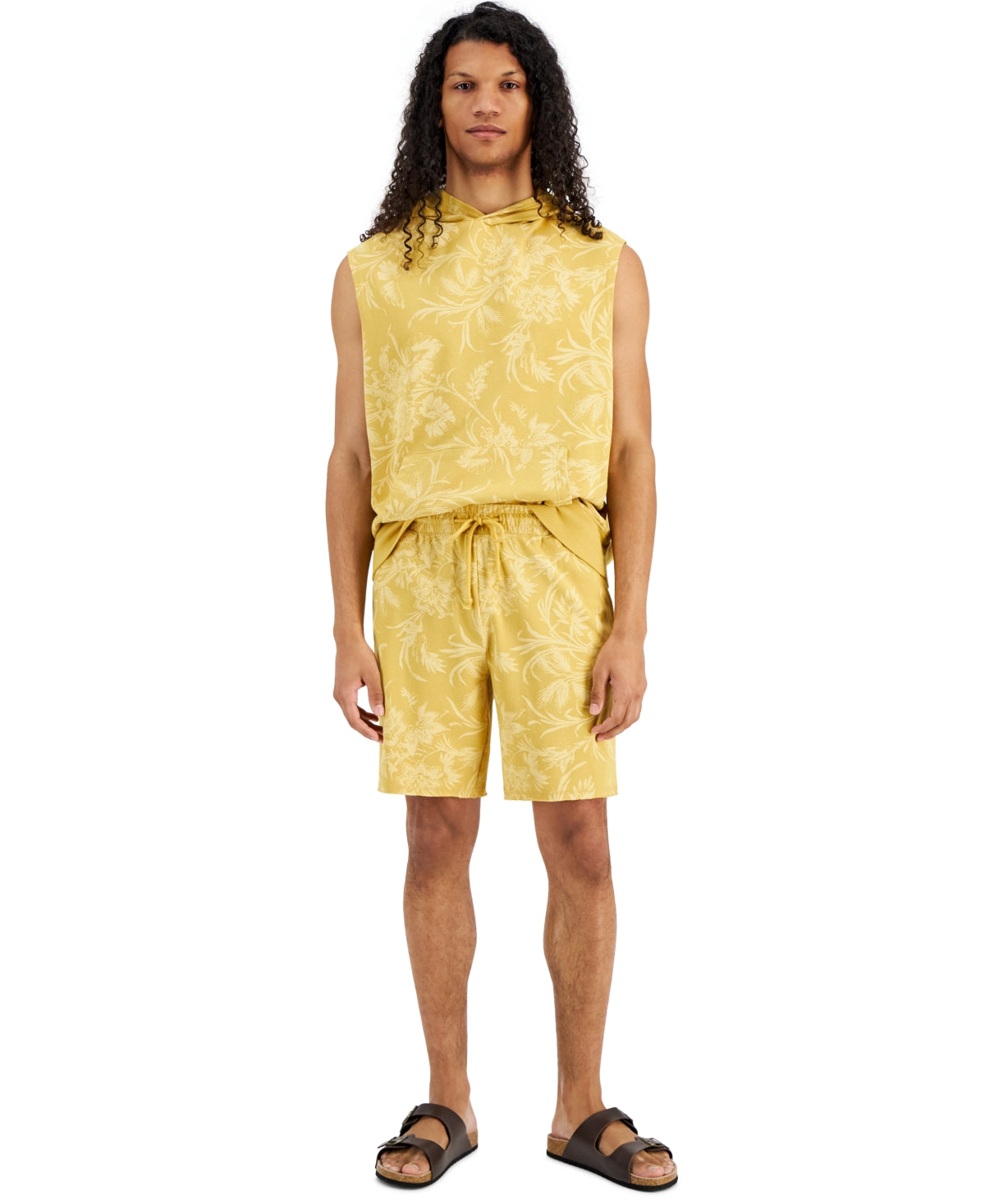 Sun + Stone Men's Lutz Tropical Floral Print 8" Drawstring Yellow Shorts Small