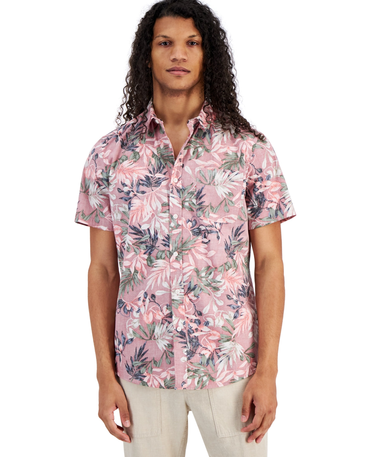 Sun + Stone Mens Hans Regular-Fit Tropical Floral Print Button Down Shirt Pink Medium