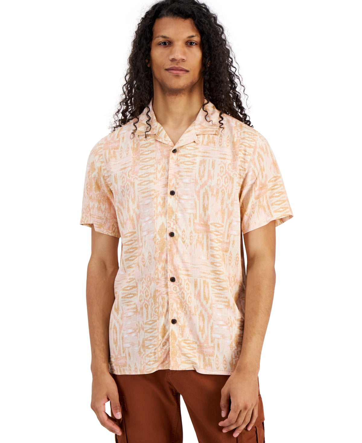 Sun + Stone Mens Depp Button Down Regular-Fit  Shirt Coral Garden Small