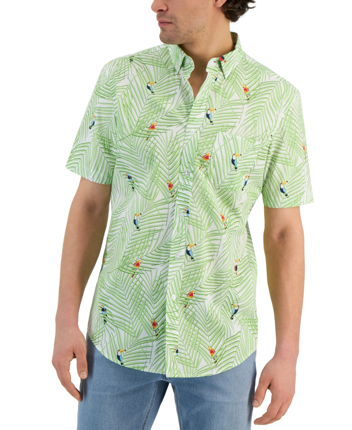 Club Room Mens Bird Palm Tropical print Poplin Shirt Green White Medium