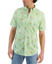 Club Room Men's Bird Palm Button Down Short Sleeve Shirt Green White XL