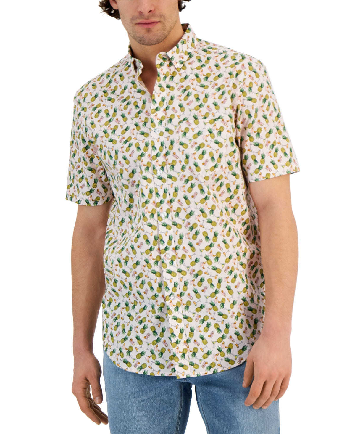 Club Room Mens Pineapple Classic Fit Button Down Polo Shirt Pink Combo Small