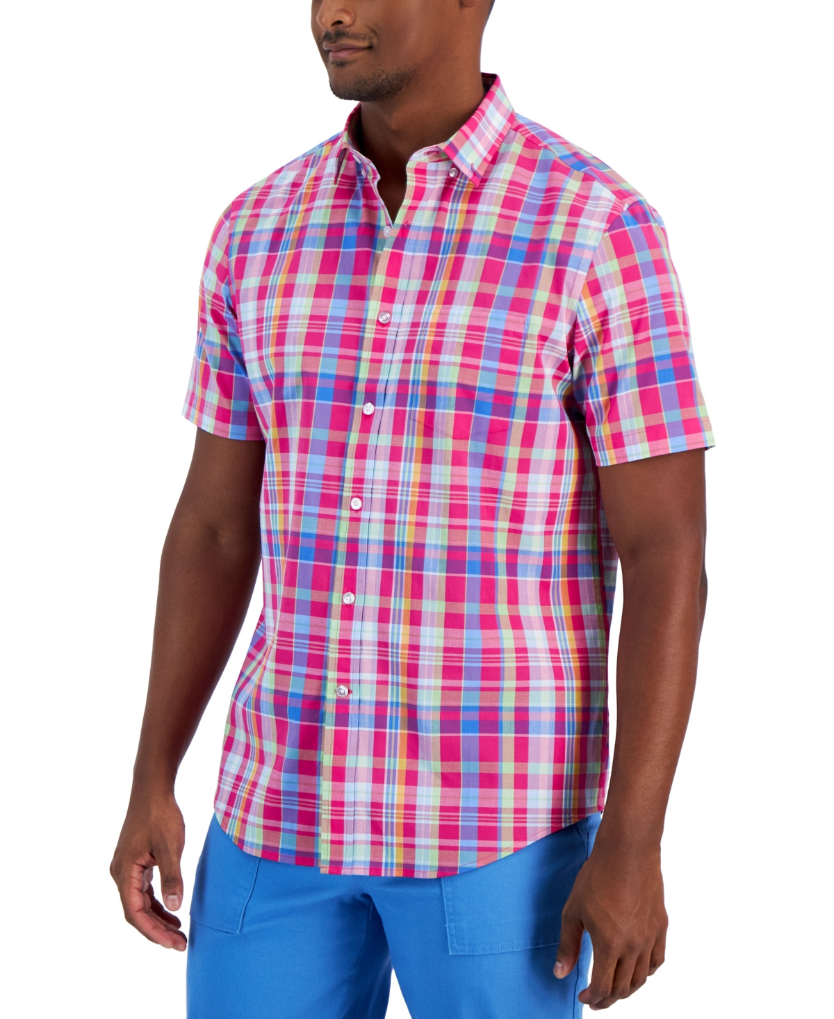 Club Room Men's Paul Plaid Button Down Poplin Pink Peacock Short Sleeves Small
