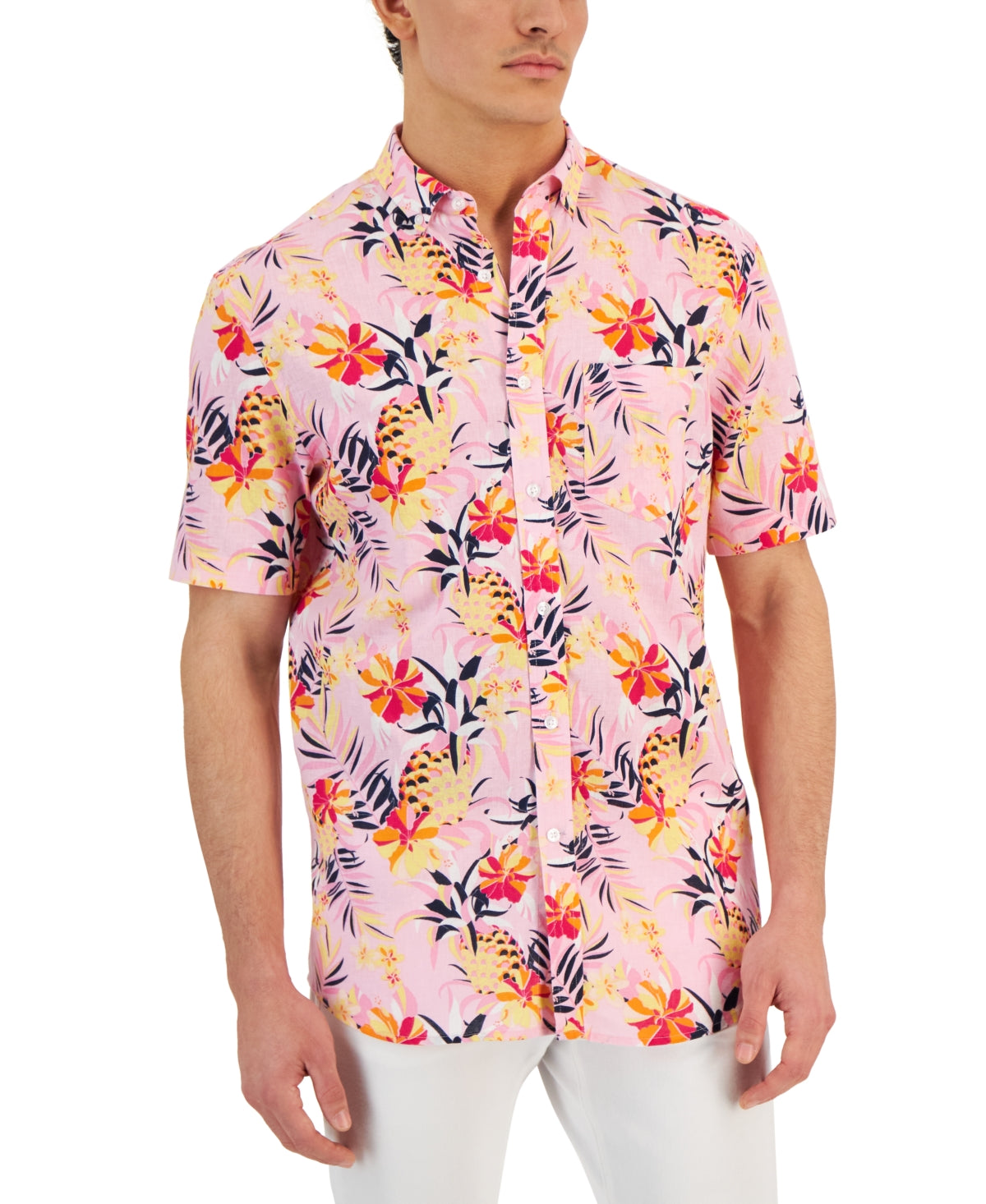 Club Room Mens Short Sleeve Button Down Shirt Pink Tropical Small