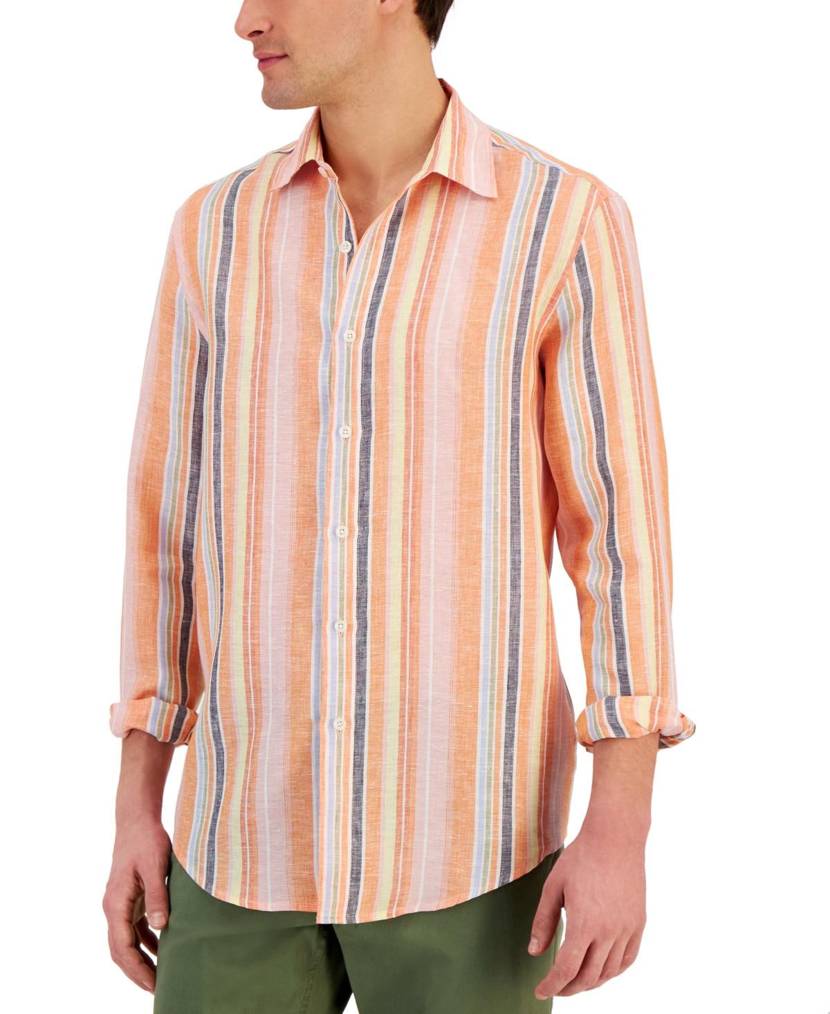 Club Room Mens Long Sleeve Button Down Shirt Orange Green Stripe Small