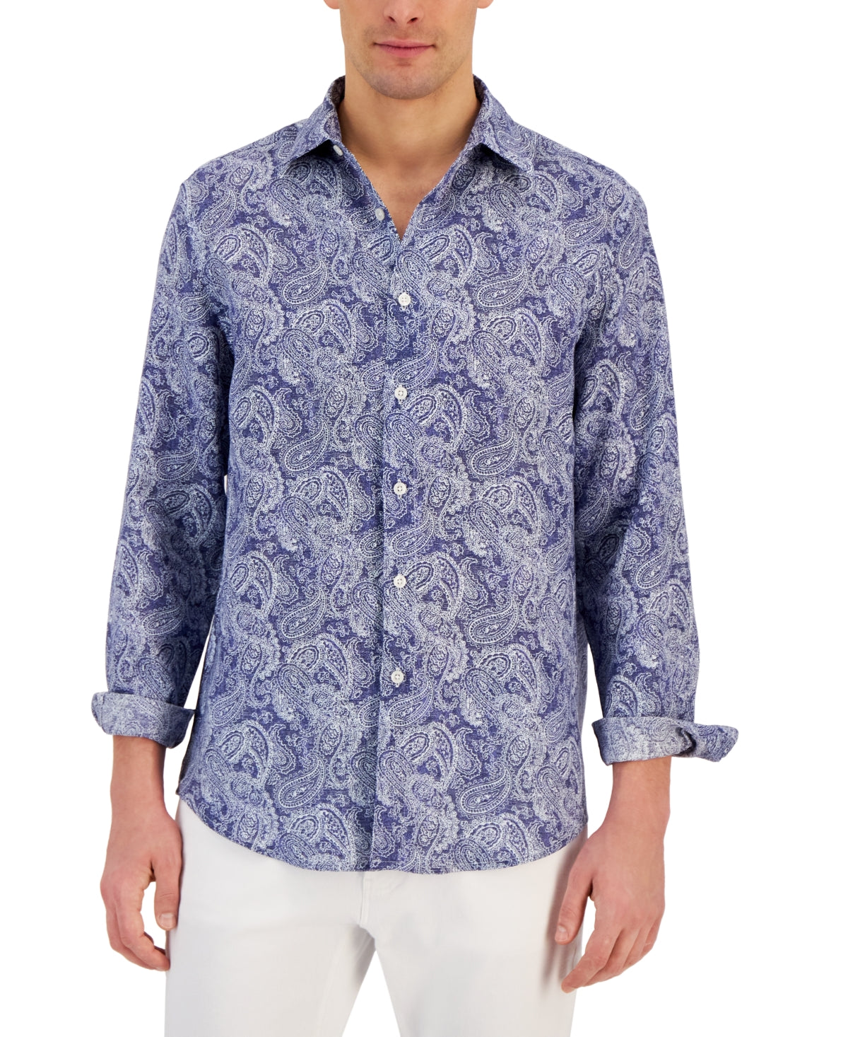 CLUB ROOM Men's Long-Sleeve Elevated Kona Paisley Shirt Blue Small