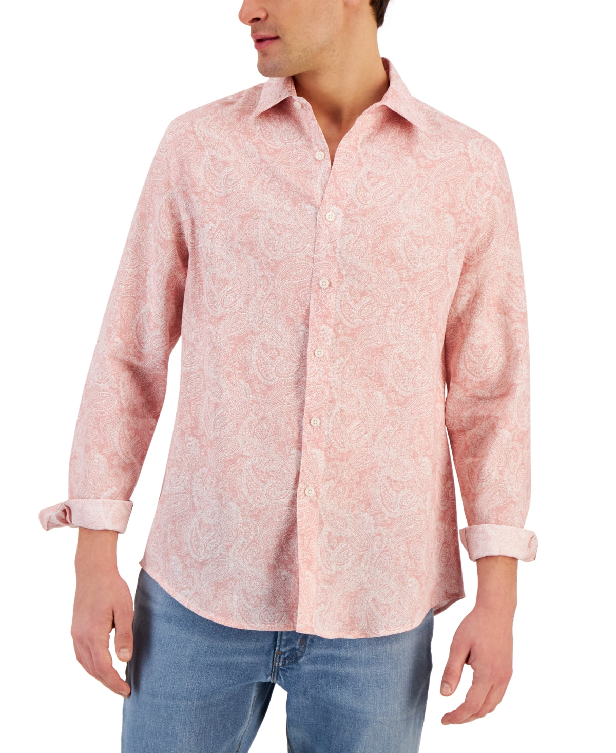 Club Room Men's Long Sleeve Elevated Kona Paisley Button Down Shirt Pink Small
