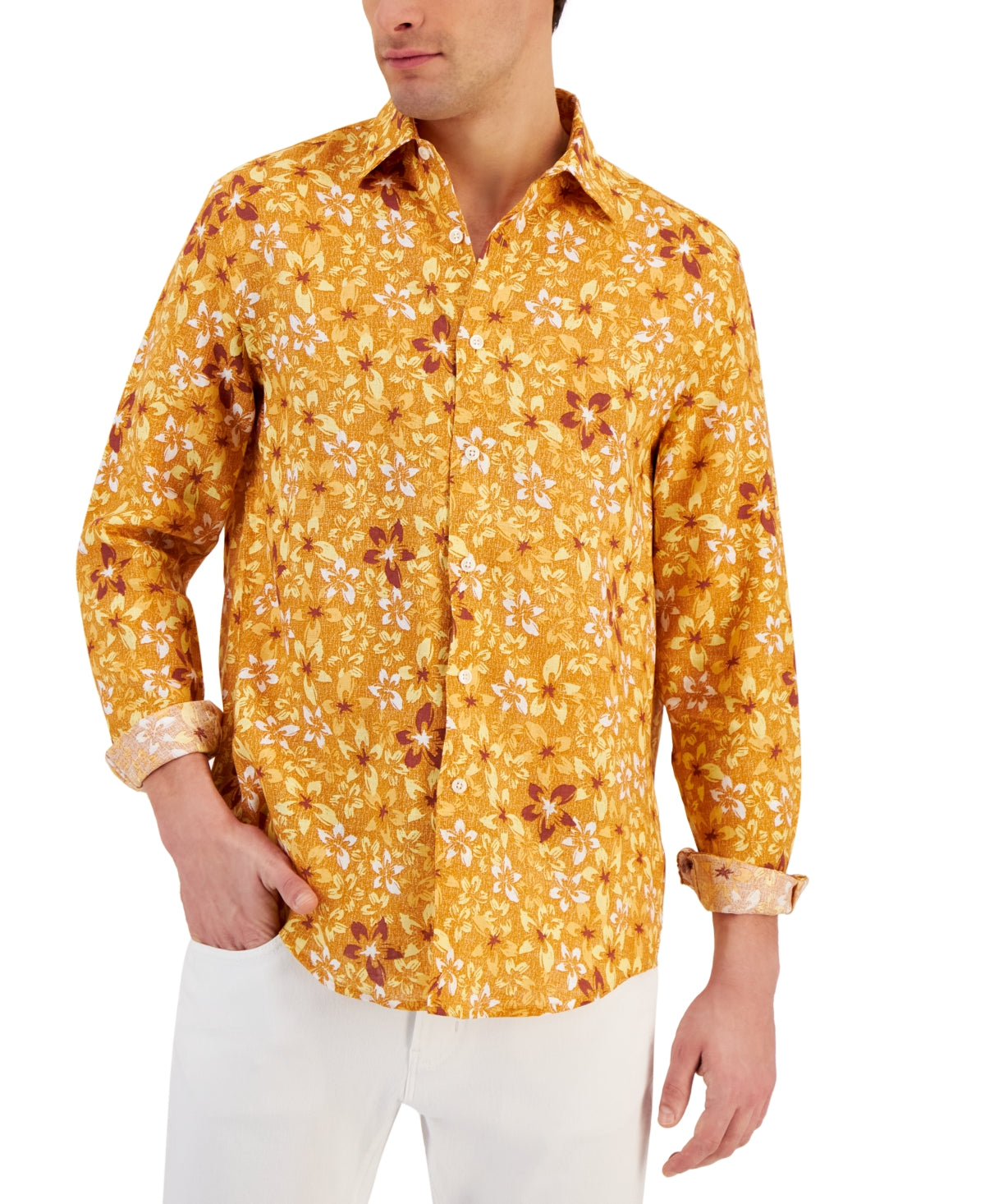 Club Room Mens Long-Sleeve Button Down Shirt Orange Medium