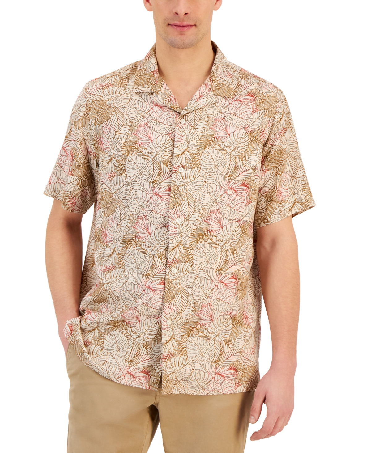 Club Room Men's Short Sleeve Elevated Leaf Print Shirt Brown Small