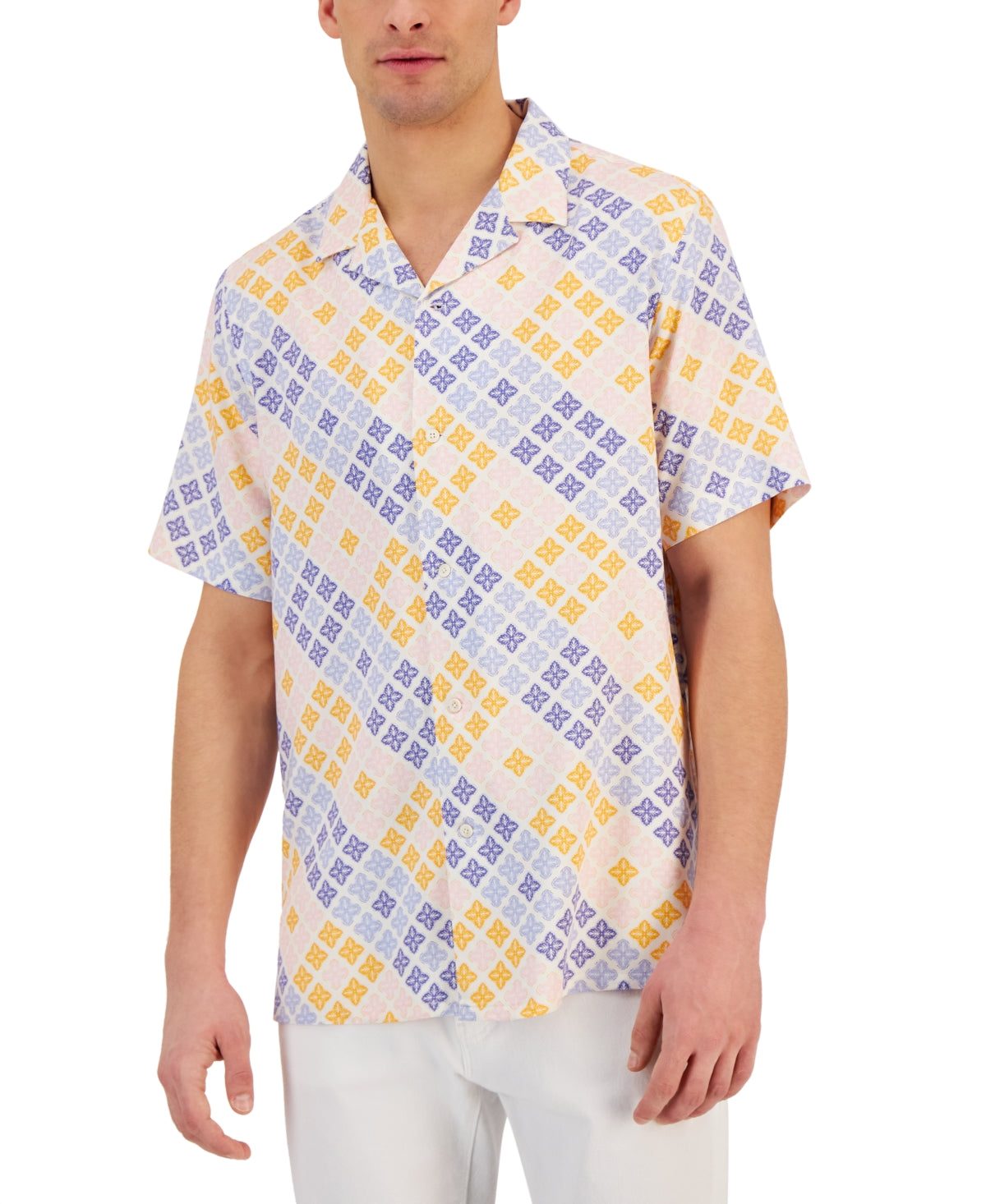 Club Room Men's Short Sleeve Button Down White Orange Shirt Small