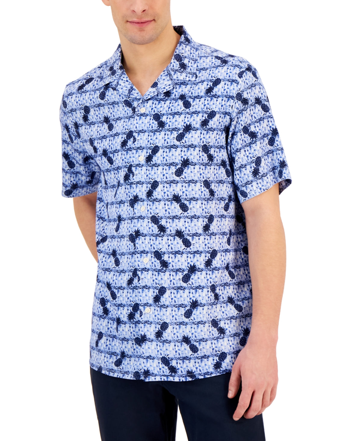 Club Room Men's Short-Sleeve Elevated Pineapple Button Down Shirt Blue Medium