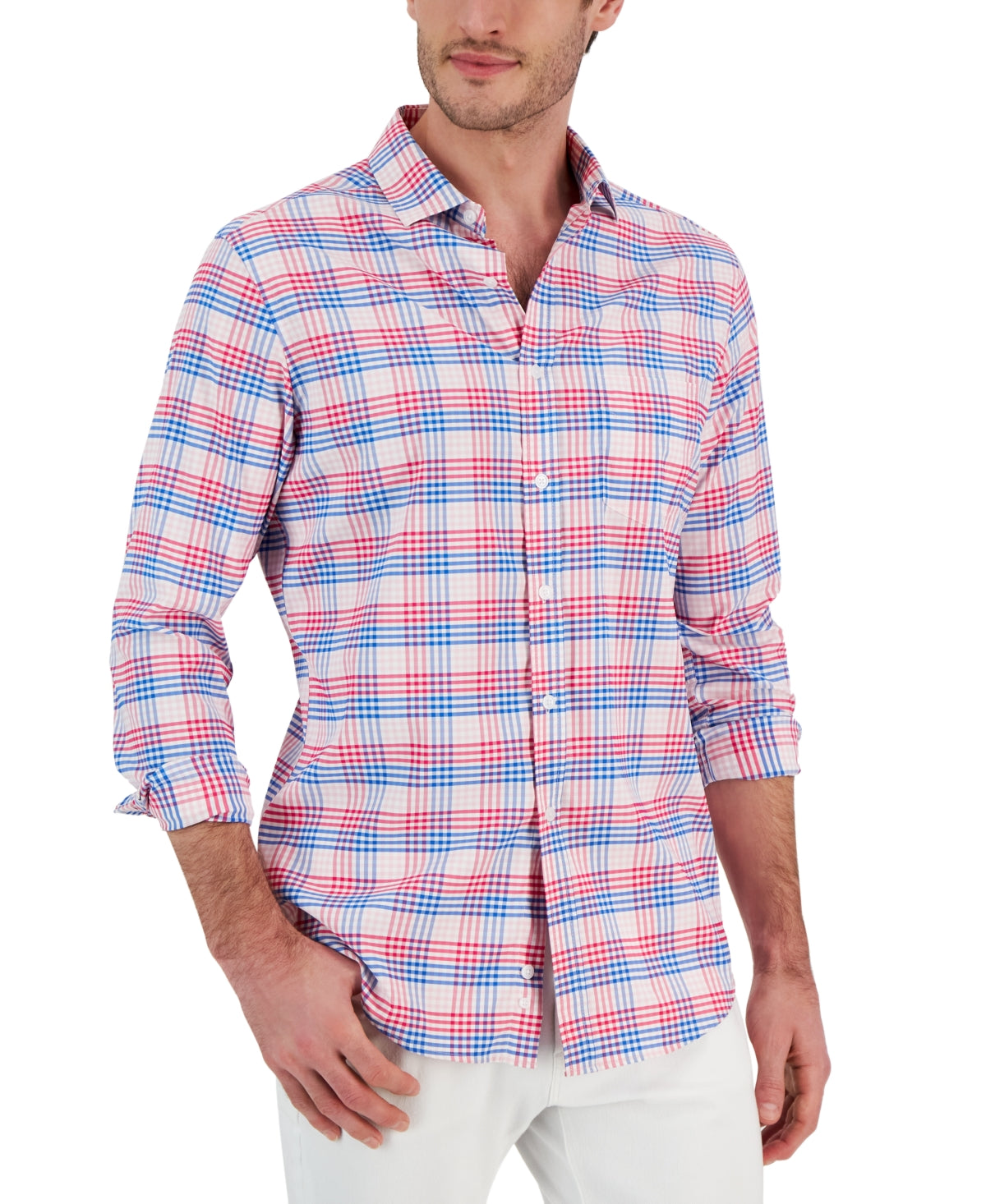 Club Room Men's Malia Classic Fit Plaid Button Down Tech Shirt Pink Blue Small