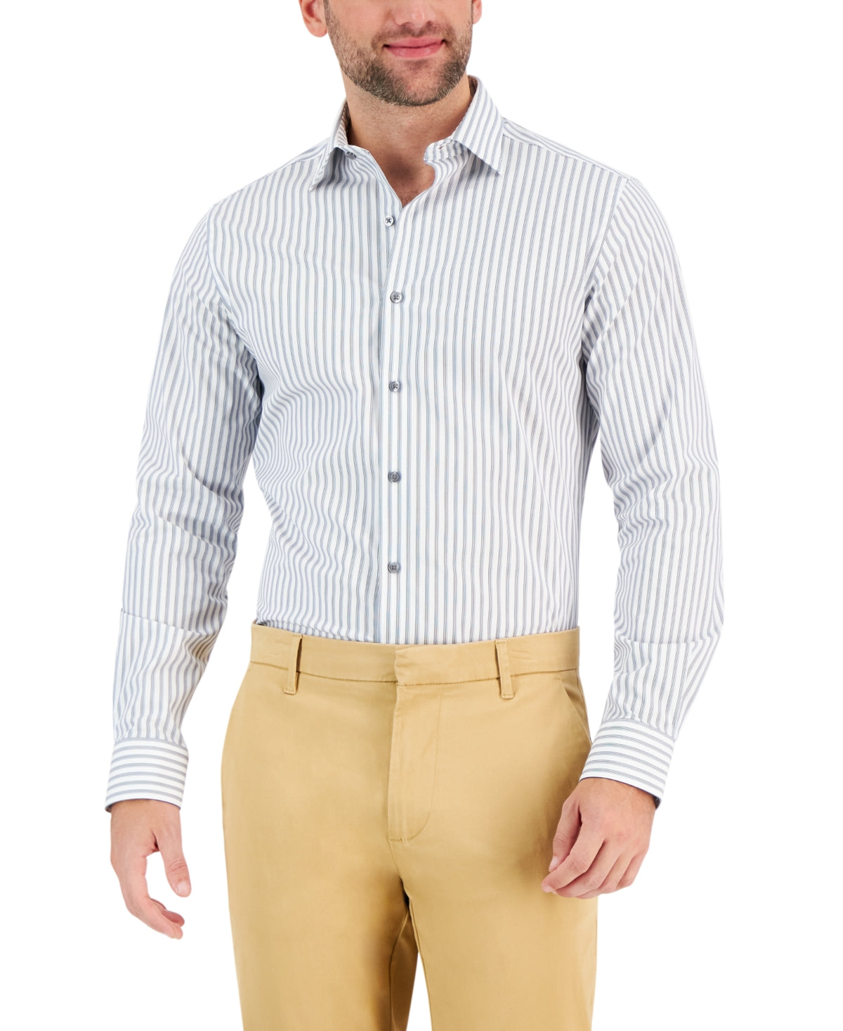 Alfani Mens Slim Fit Quad Stripe Button Down White Blue 14 14.5 32 33