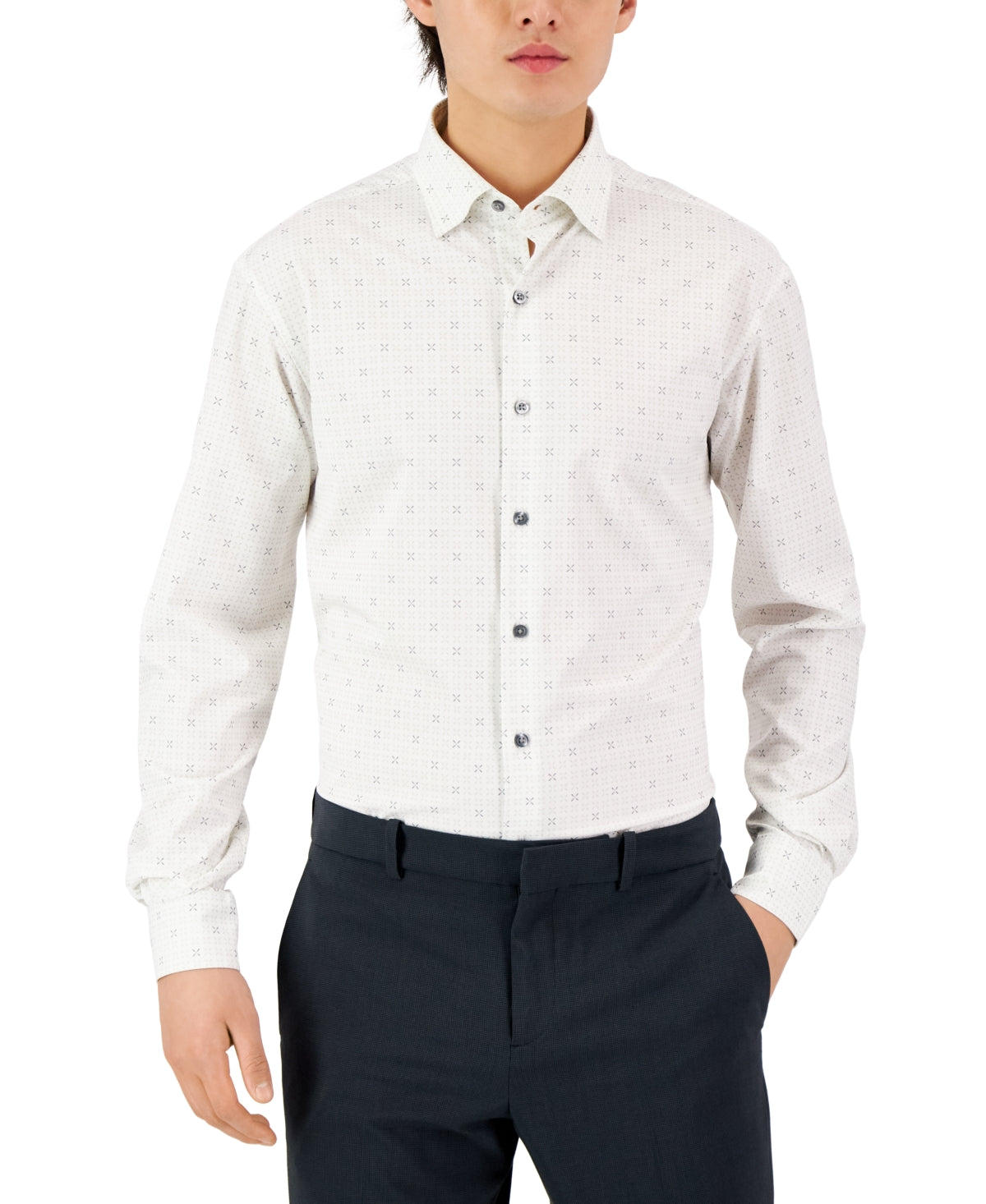 Alfani Mens Geo-Print Button Down Shirt White Grey 17 17 1/2 36 37