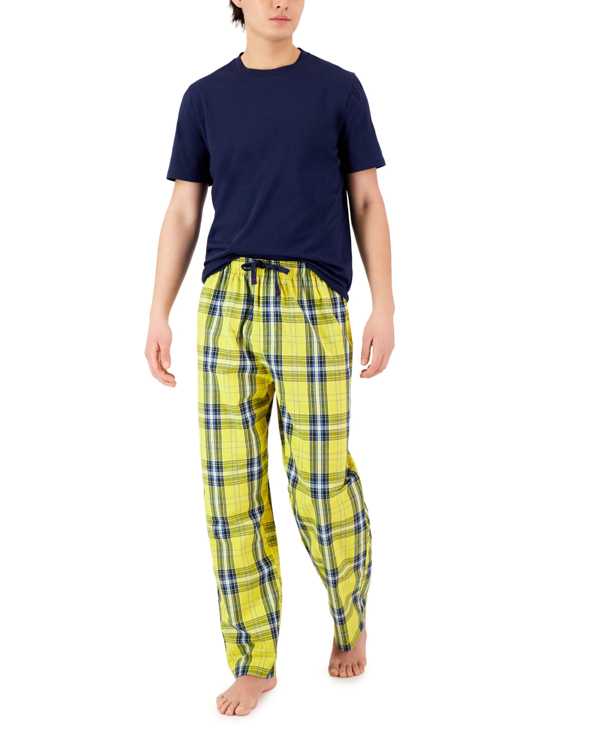 Club Room Men's Lando Solid Shirt Plaid Pajama Pants Set Yellow Combo Large