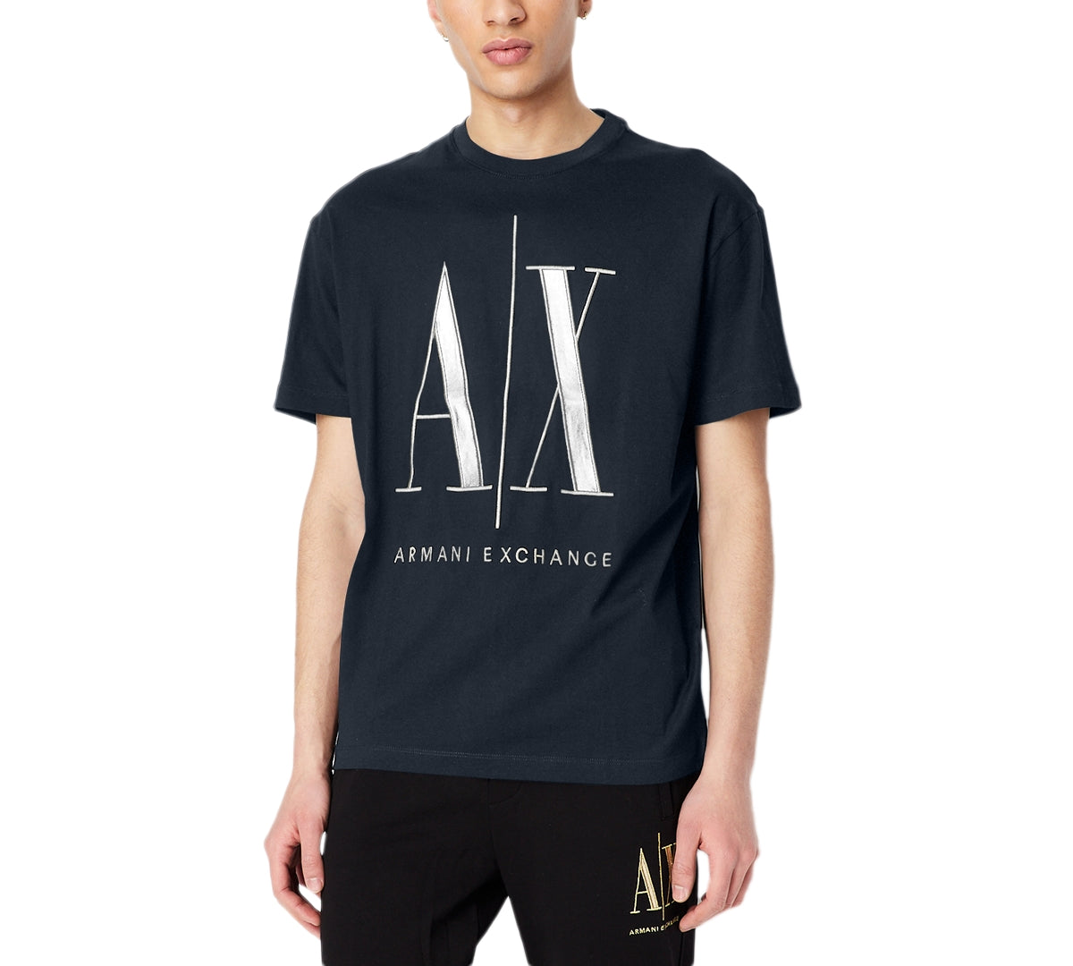 AX Armani Exchange Mens Metallic Logo Short Sleeve T Shirt Navy Blue 2XL