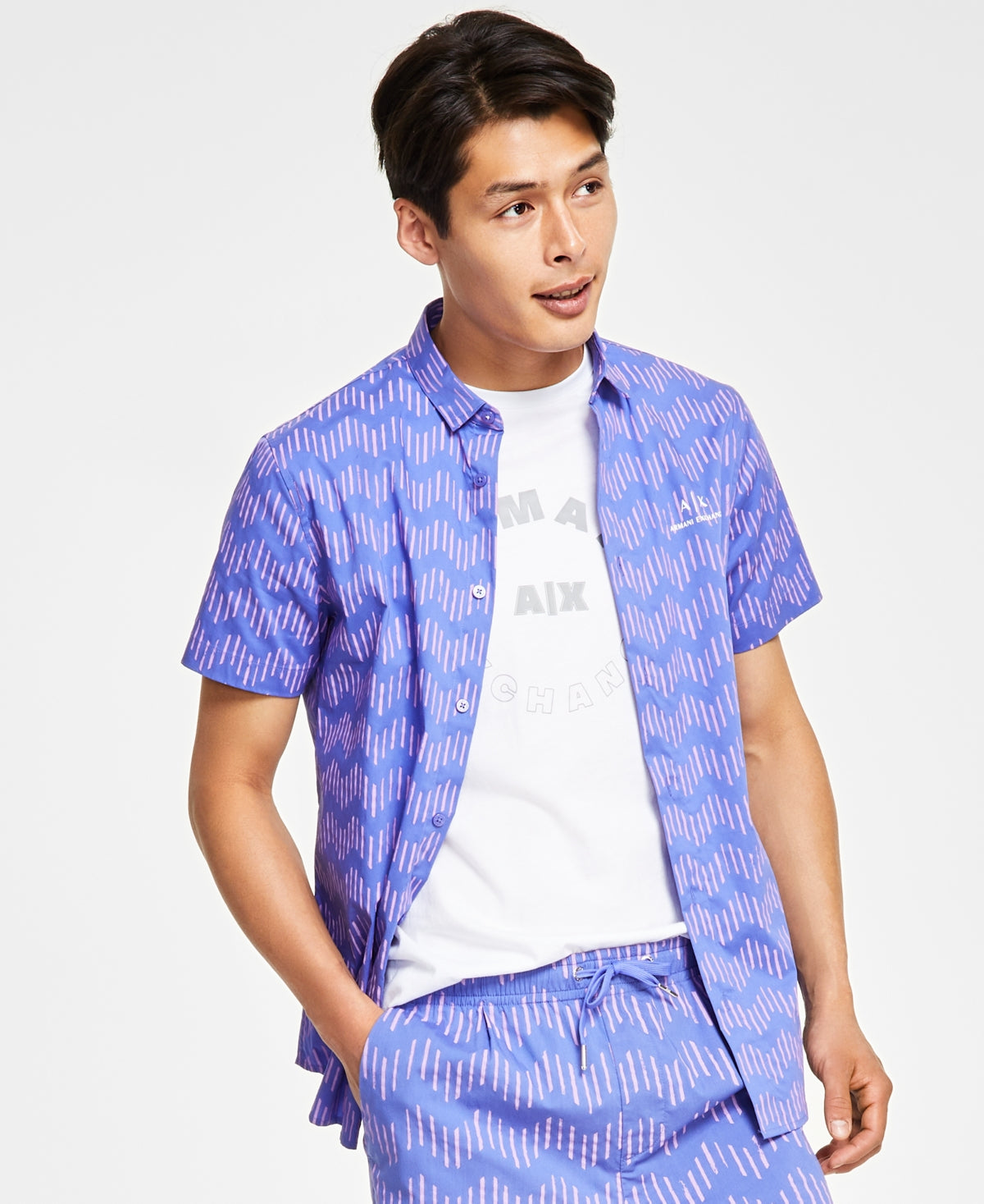 A X Armani Exchange Men's Regular Fit Zig Zag Button Down Shirt Blue Medium