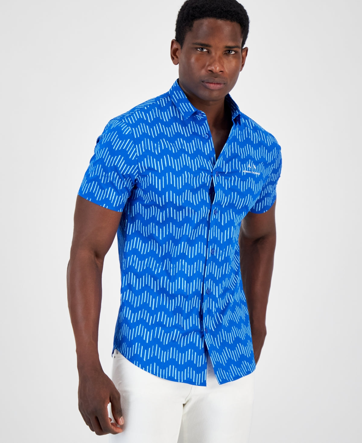 A X Armani Exchange Mens Zig Zag Print Button Down Shirt Small Blue Short Sleeve