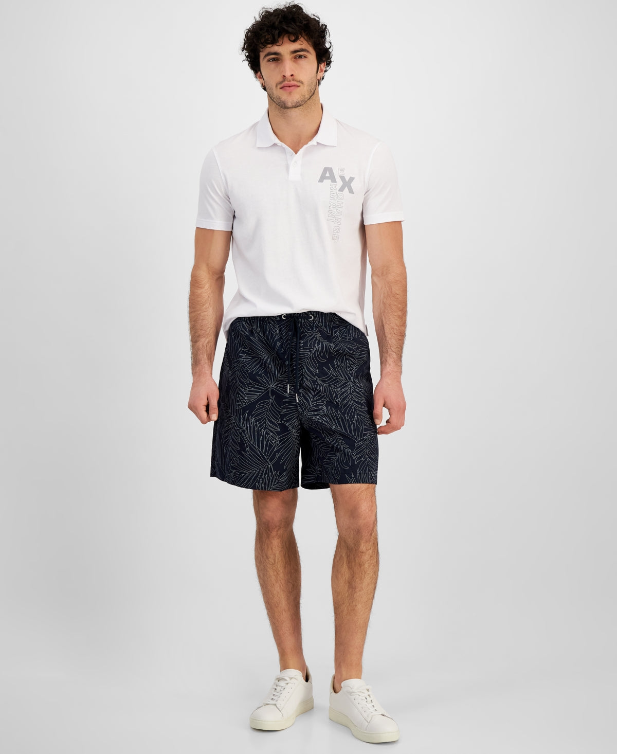 A|X Armani Exchange Men's Palm Print Drawstring Shorts Navy Blue 30