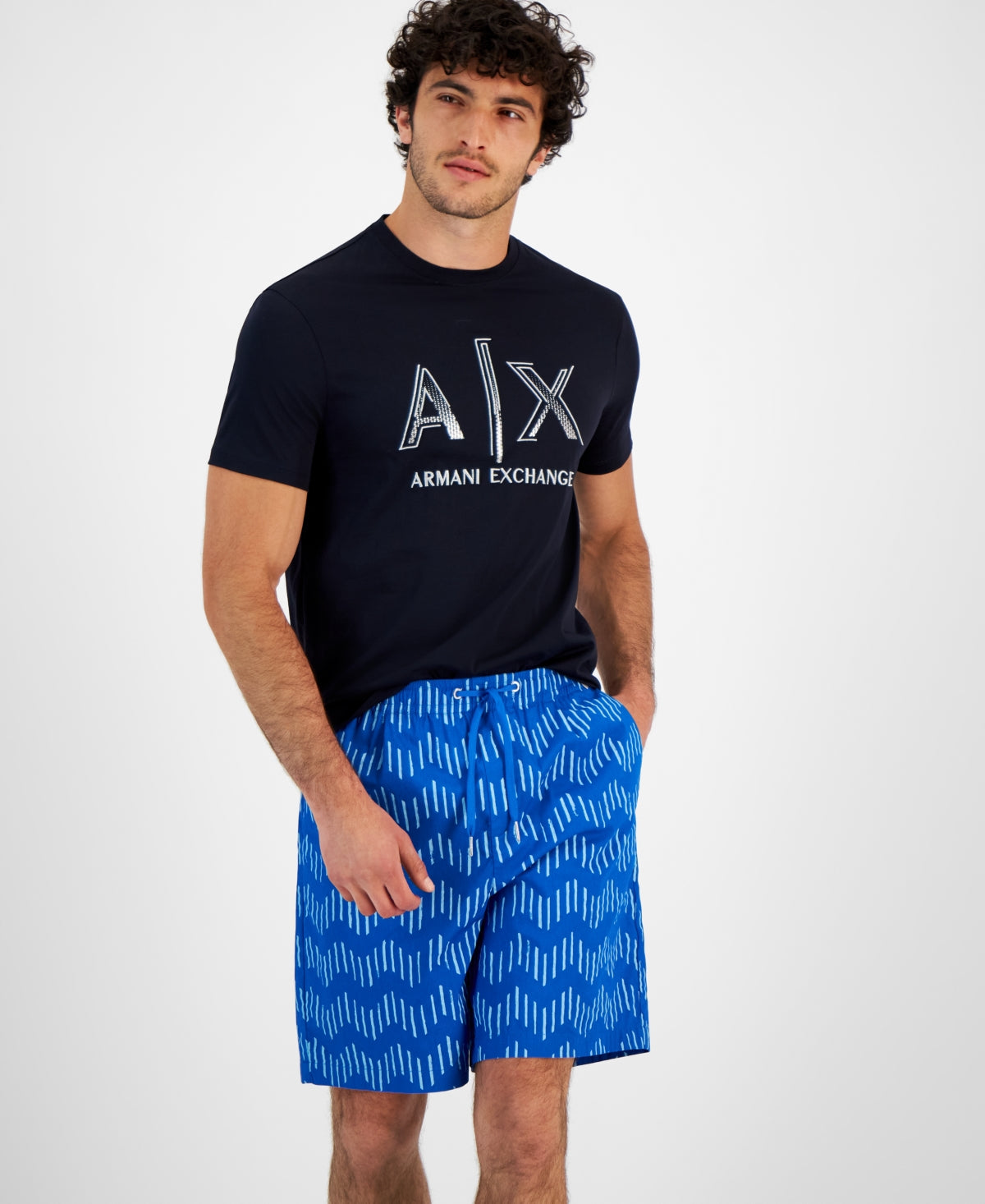 A|X Armani Exchange Men's Zig Zag Print Drawstring Shorts Blue 32