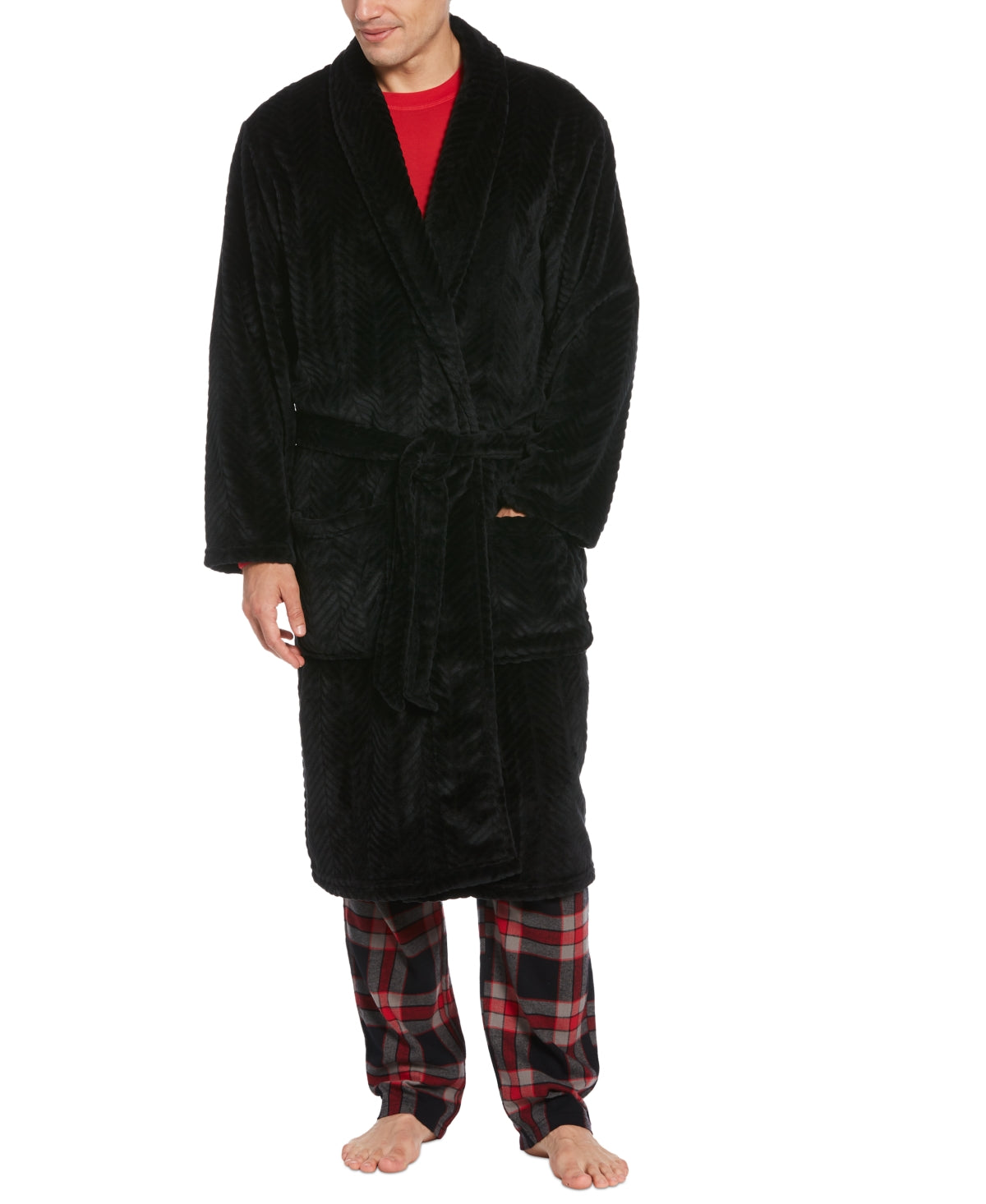 Perry Ellis Portfolio Men's Herringbone Textured Fleece Robe Jet Black
