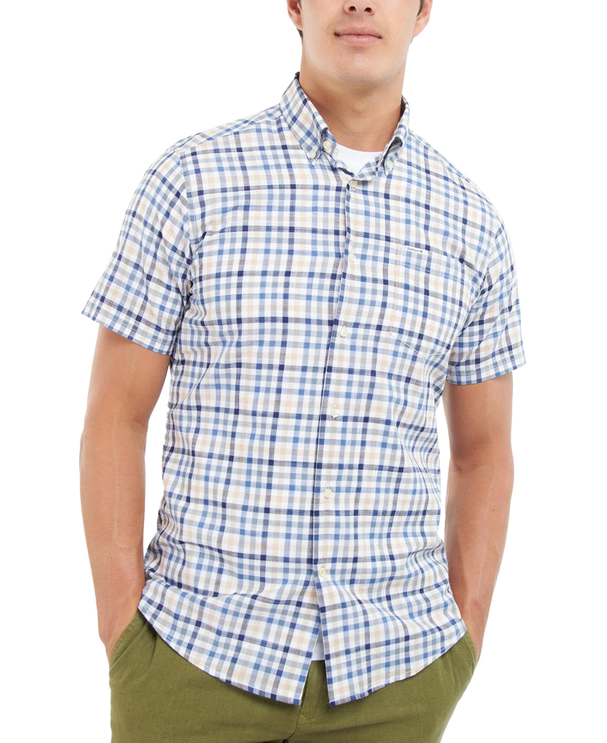 Barbout Men's Kinson Tailored Short Sleeve Plaid Shirt XXL 2XL Blue Tan