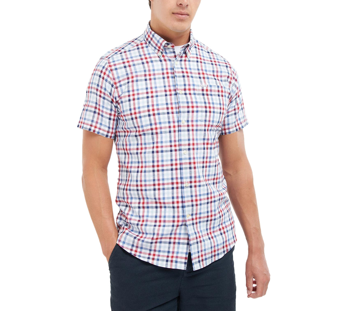 Barbour Mens Kinson Tailored Plaid Short Sleeve Button Down Shirt Red 2XL