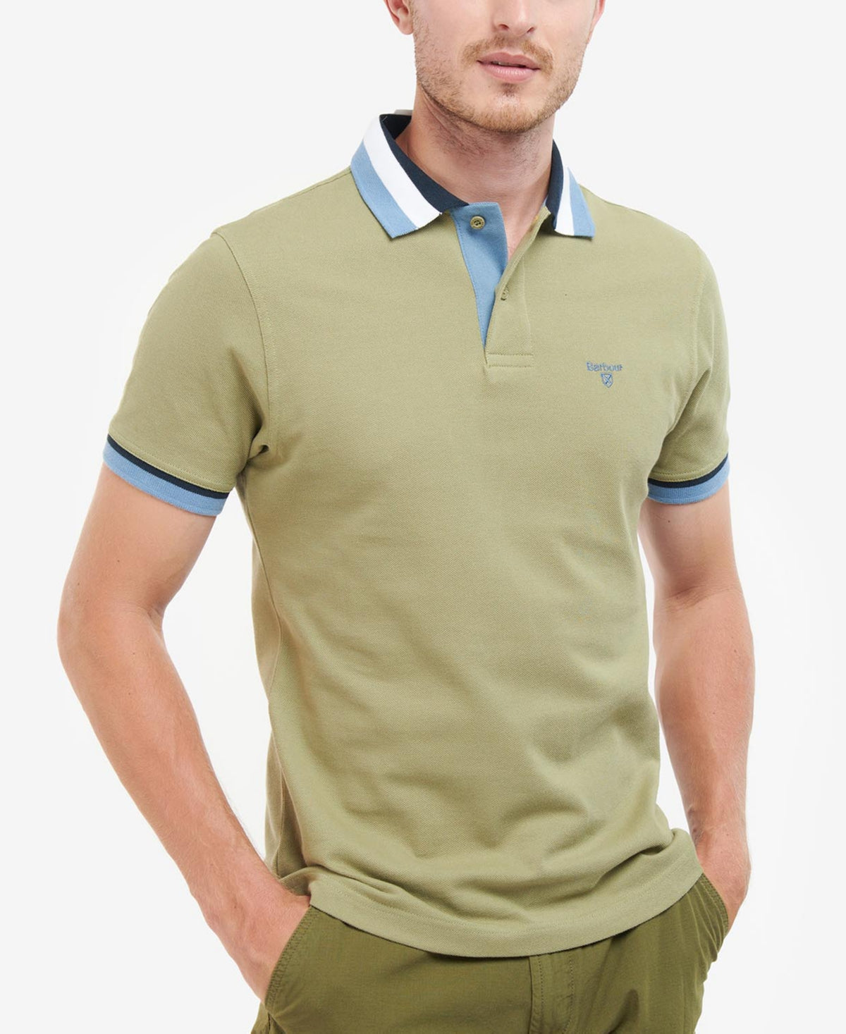 Barbour Mens Finkle Short Sleeve Polo Shirt Bleach Olive Green Small