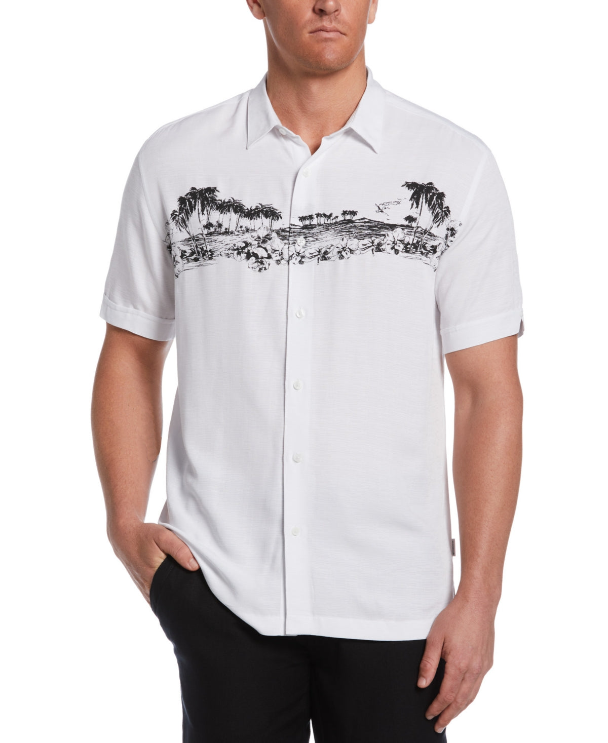 Cubavera Men's Textured Scenic Island Print Button Down Shirt White 2XL
