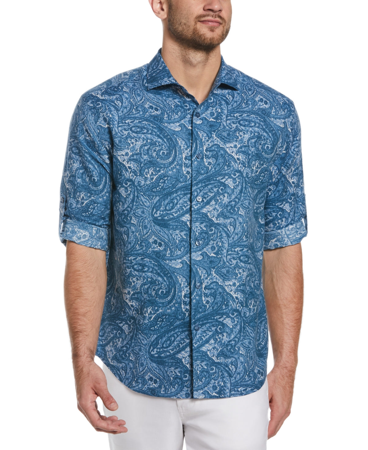 Cubavera Mens Paisley Print Long-Sleeve Button Down Shirt Dark Blue 2XL